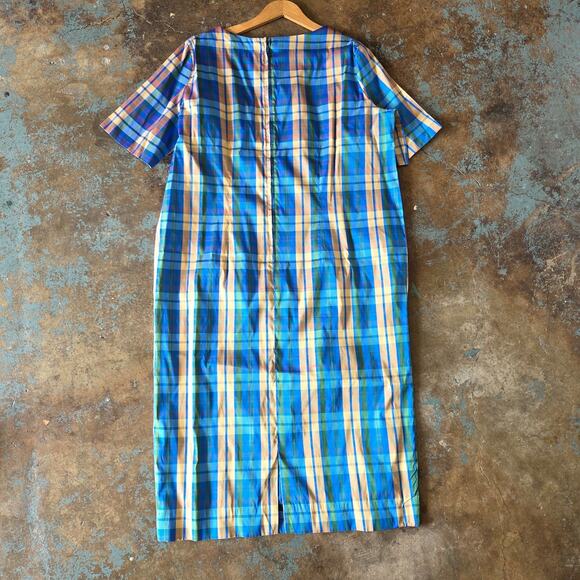 Vintage 60s Style Plaid Midi Dress and Jacket Set Plus Size 1X Blue Gold Satin - Picture 11 of 14